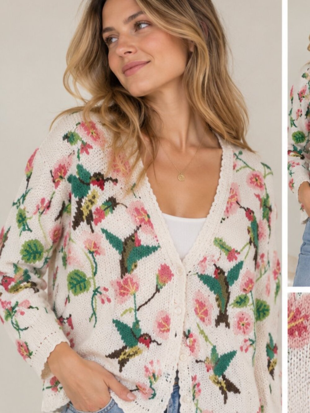 Cardigan Bay Hand-Knit Hummingbird Floral Cardigan – Women’s M –